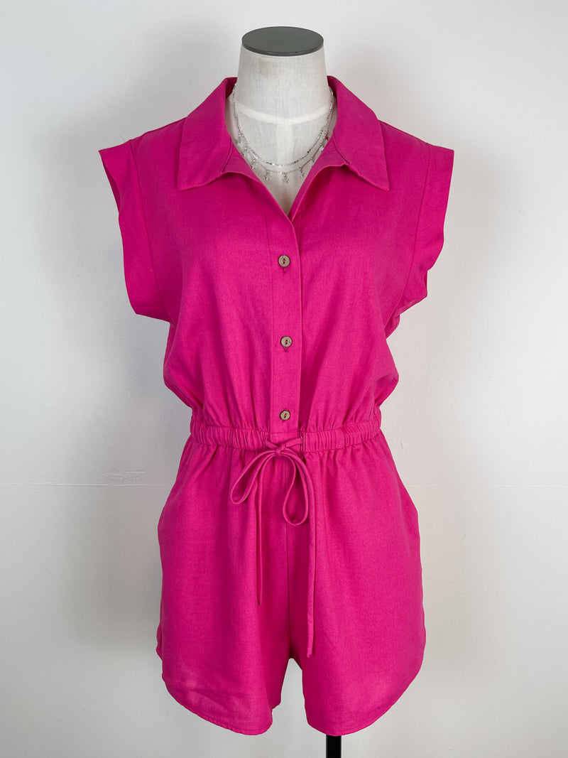 Collared Button Down Romper in Hot Pink