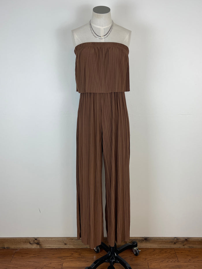 Juliana Pleated Strapless Jumpsuit in Espresso