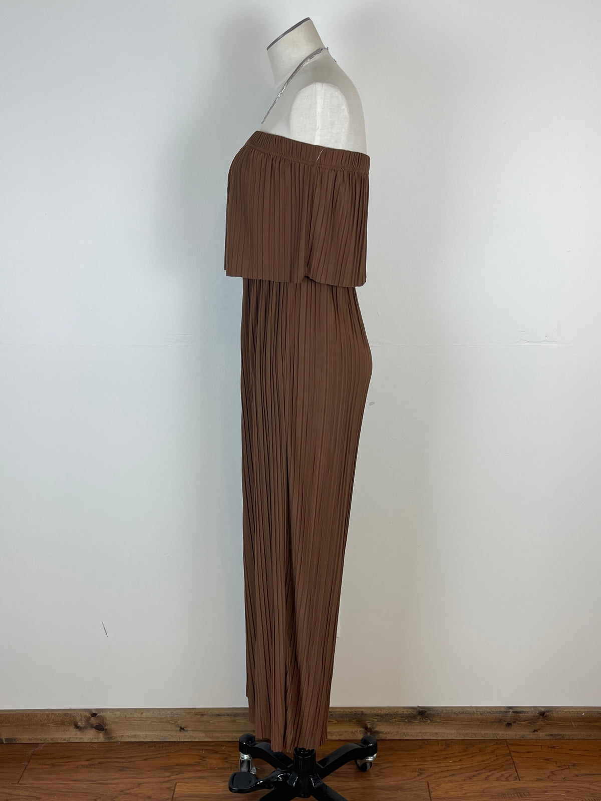 Juliana Pleated Strapless Jumpsuit in Espresso