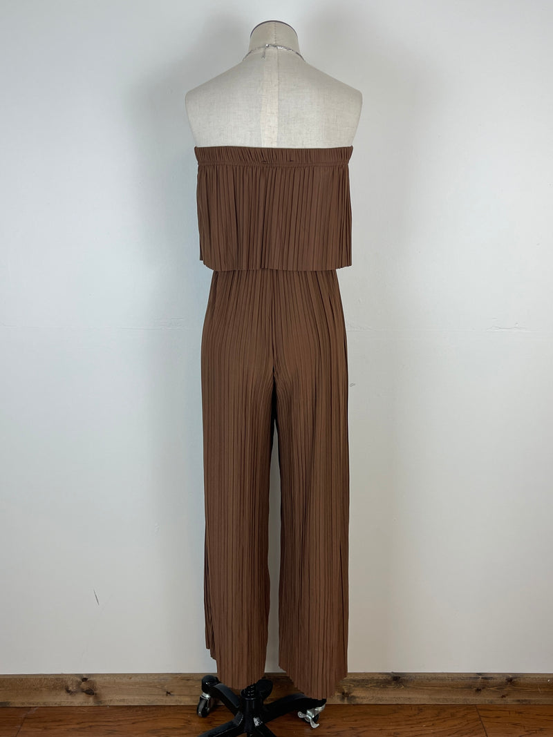 Juliana Pleated Strapless Jumpsuit in Espresso