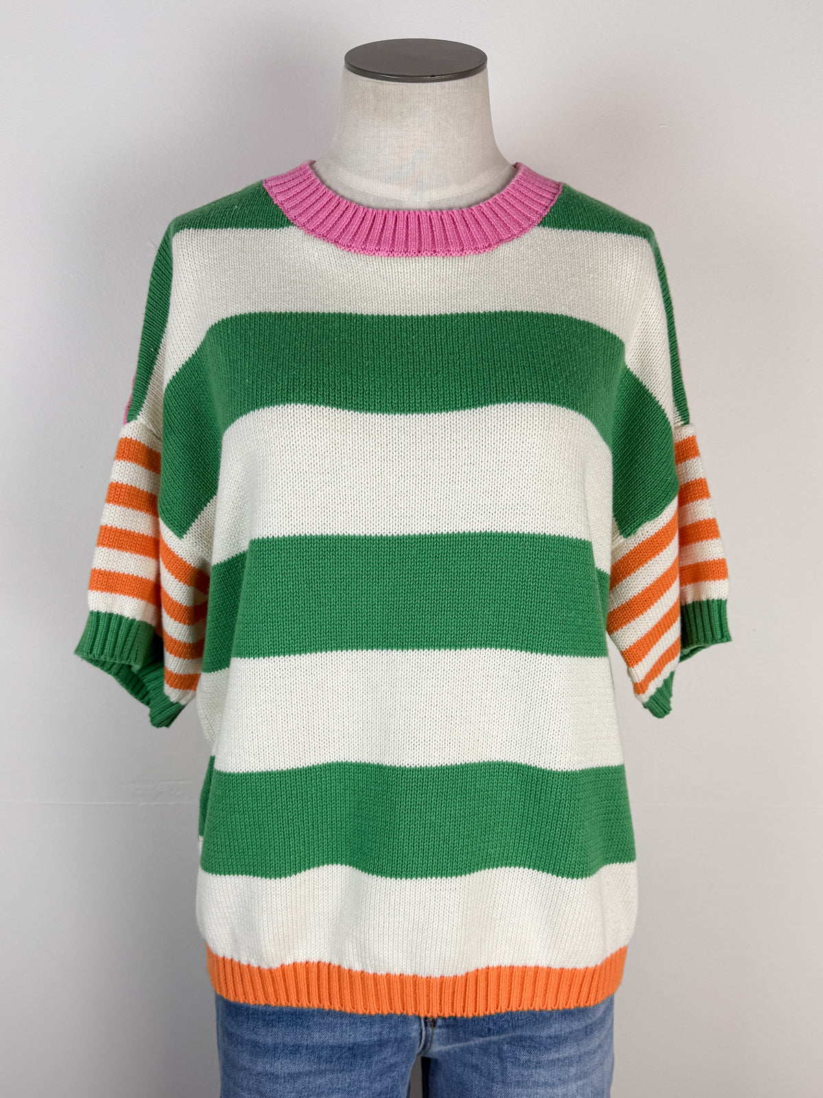 Bea Multi Stripe Short Sleeve Sweater in Green/Orange