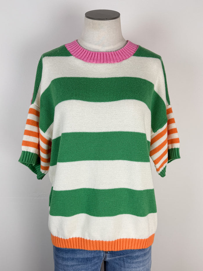 Bea Multi Stripe Short Sleeve Sweater in Green/Orange