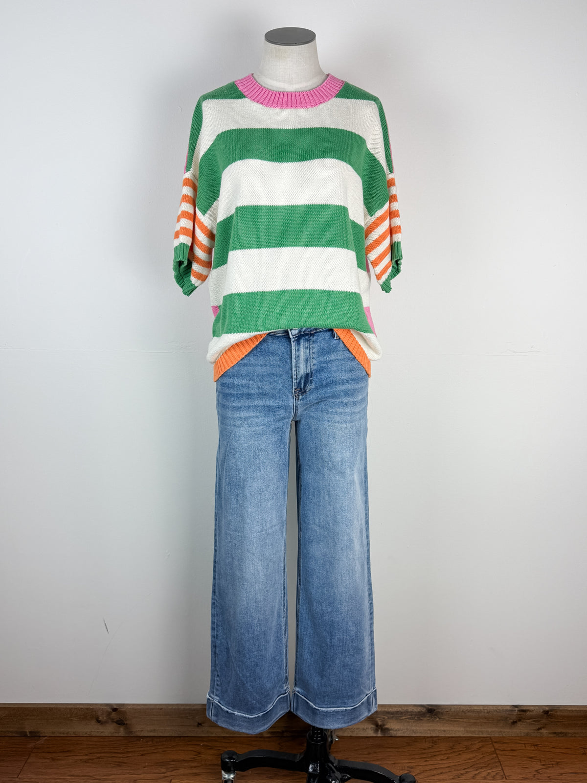 Bea Multi Stripe Short Sleeve Sweater in Green/Orange