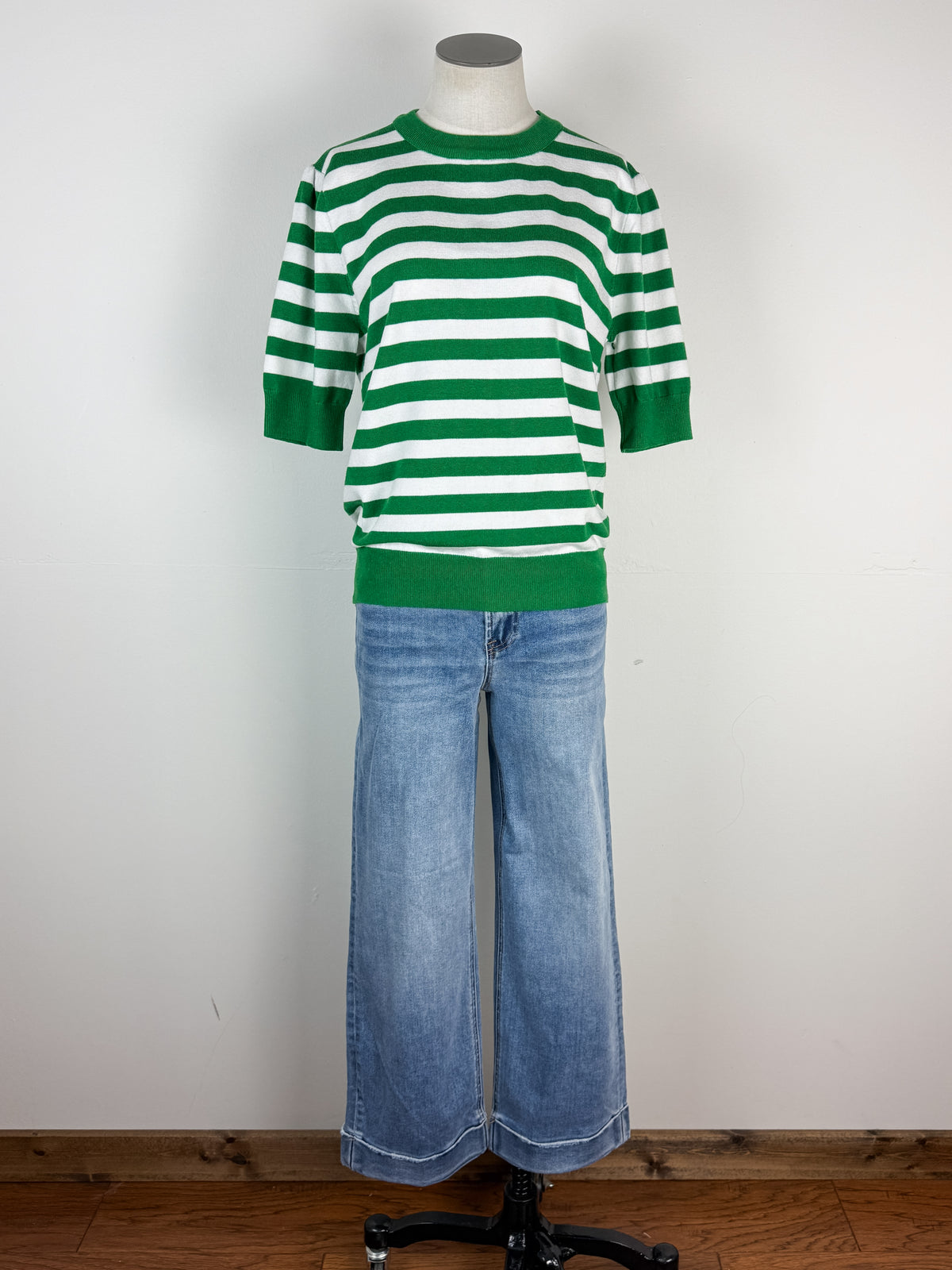 Libby Striped Short Sleeve Sweater in Green/White