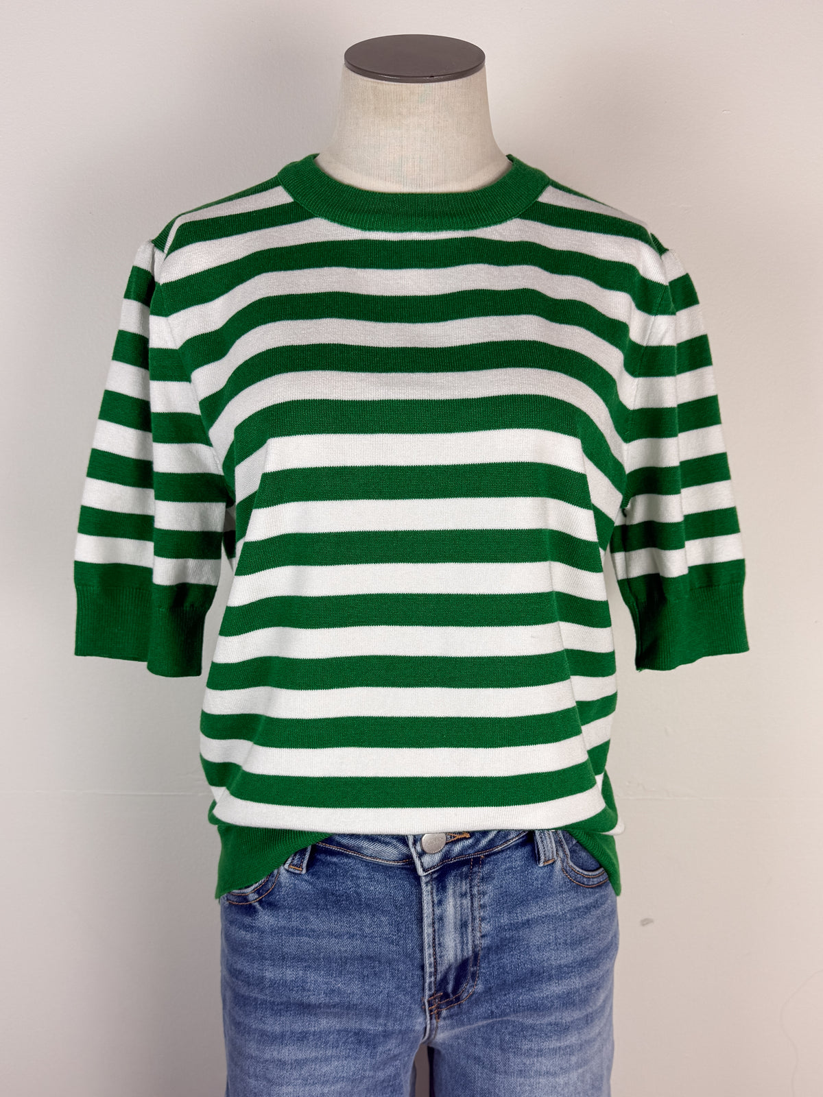 Libby Striped Short Sleeve Sweater in Green/White