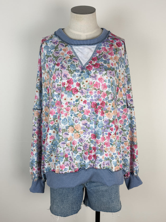Jill Floral Top in Denim/Ivory