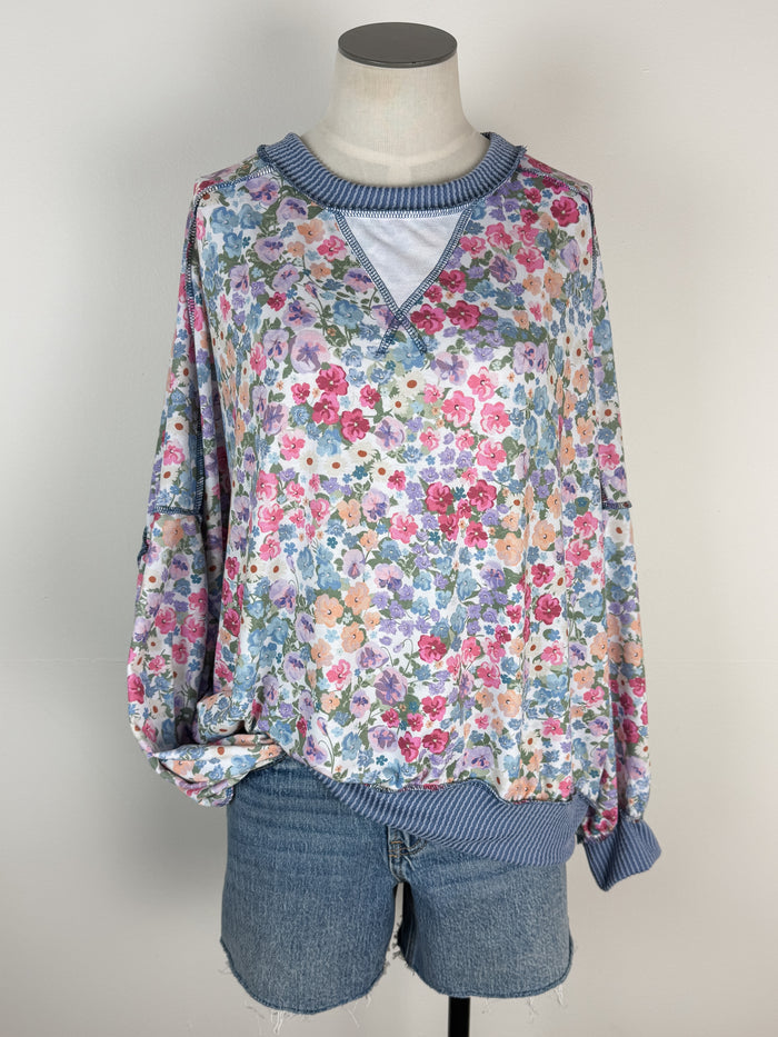 Jill Floral Top in Denim/Ivory