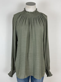 Georgia Smocked Mock Neck Blouse in Olive