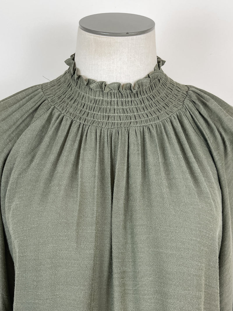 Georgia Smocked Mock Neck Blouse in Olive