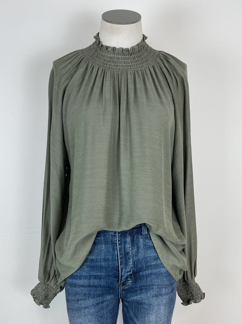 Georgia Smocked Mock Neck Blouse in Olive