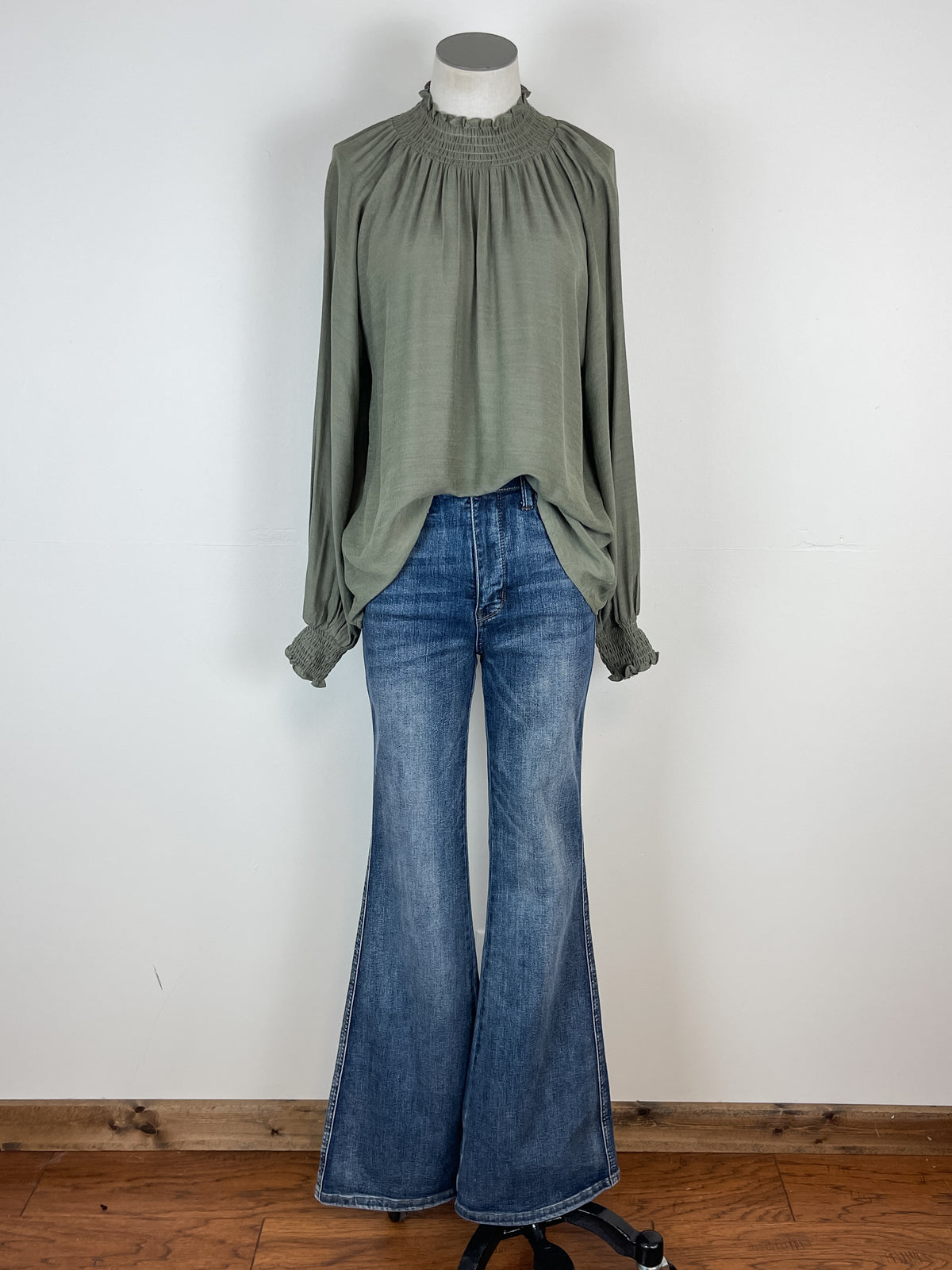 Georgia Smocked Mock Neck Blouse in Olive