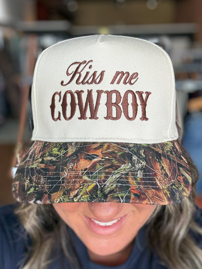 Kiss Me Cowboy Trucker Hat in Camo