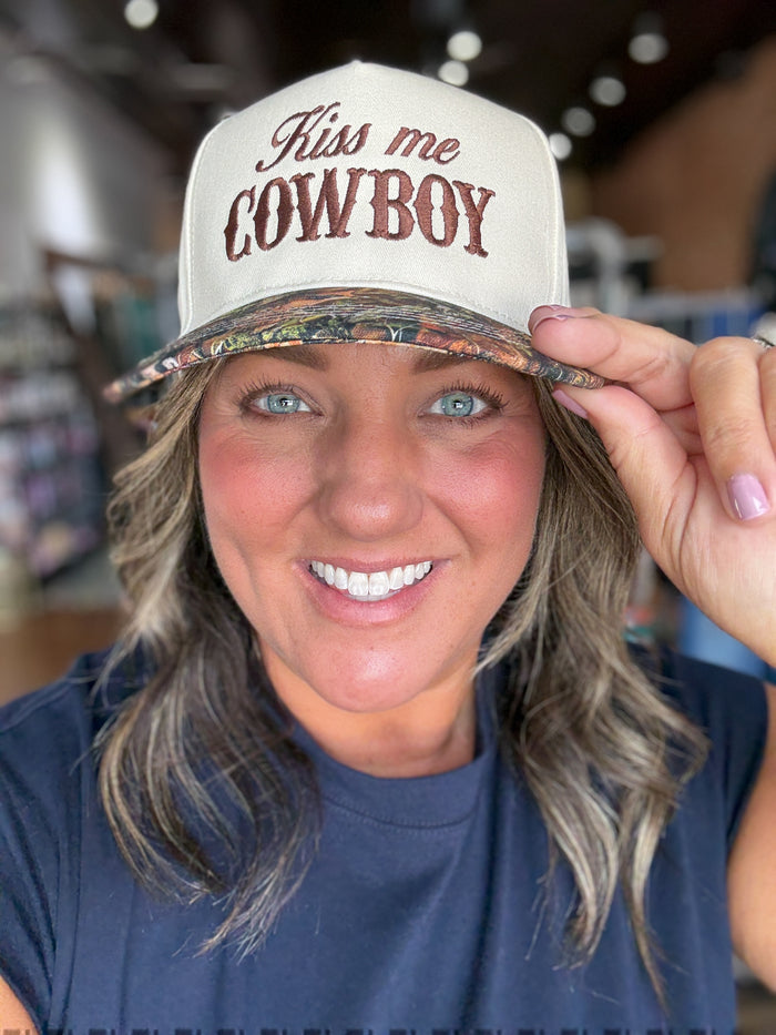Kiss Me Cowboy Trucker Hat in Camo