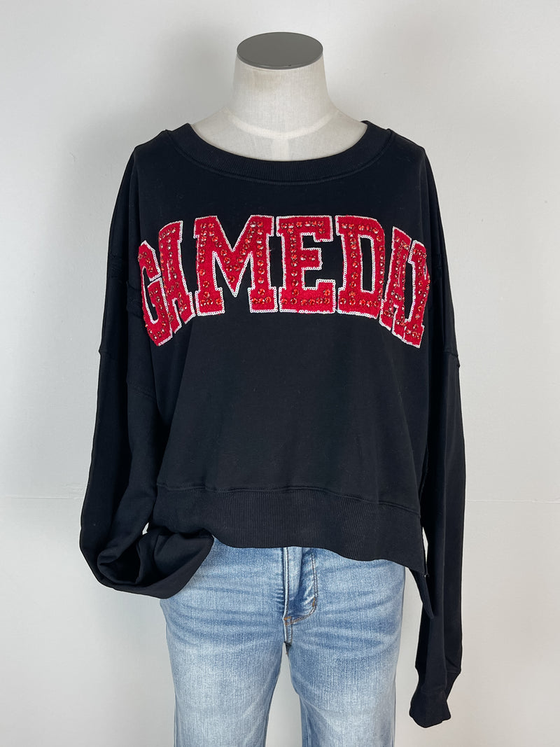 Roxy Rhinestone Game Day Cropped Pullover in Black