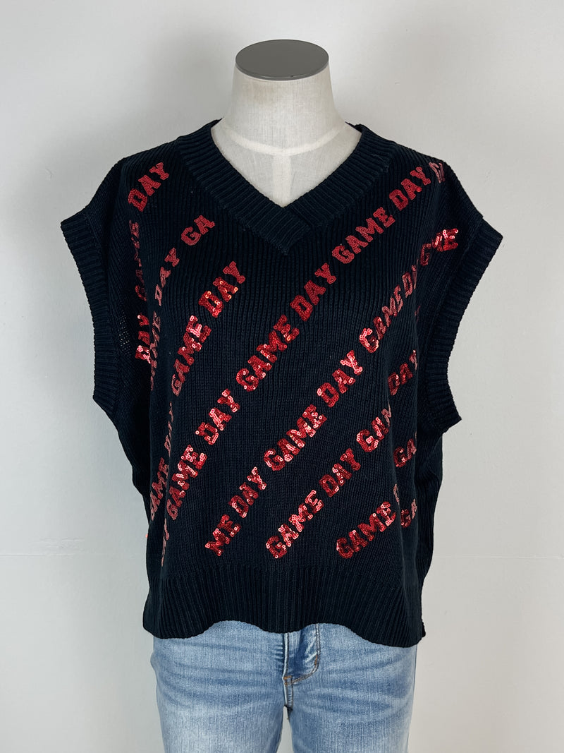 Ruby Sequin Game Day Sleeveless Sweater in Black