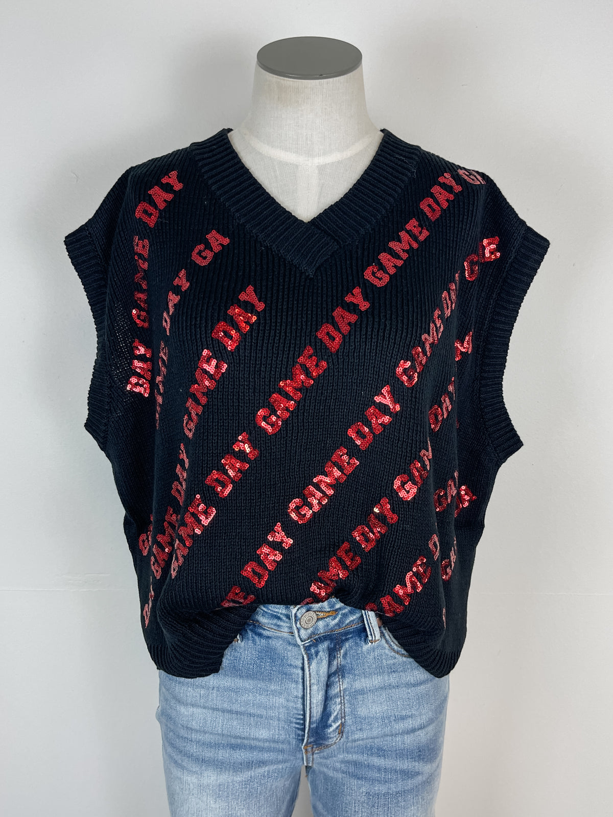 Ruby Sequin Game Day Sleeveless Sweater in Black