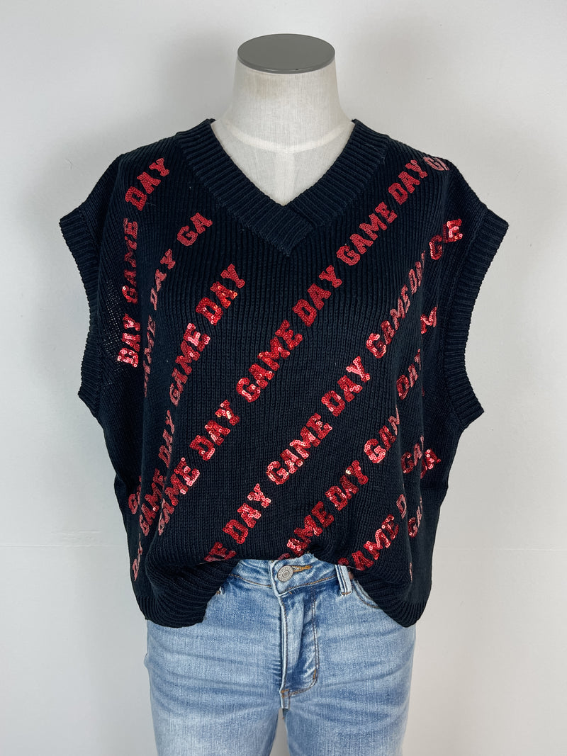 Ruby Sequin Game Day Sleeveless Sweater in Black