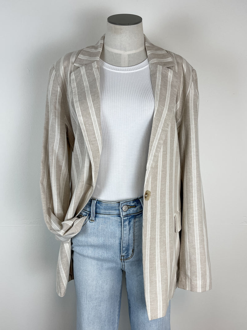 Mila Classic Linen Blazer in Taupe Stripe
