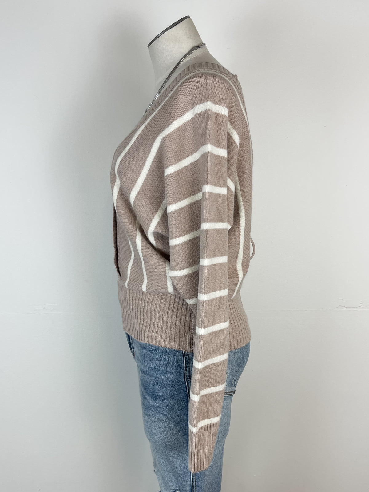 Cassandra Striped Lace Up Back Sweater in Taupe