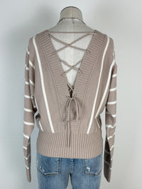 Cassandra Striped Lace Up Back Sweater in Taupe