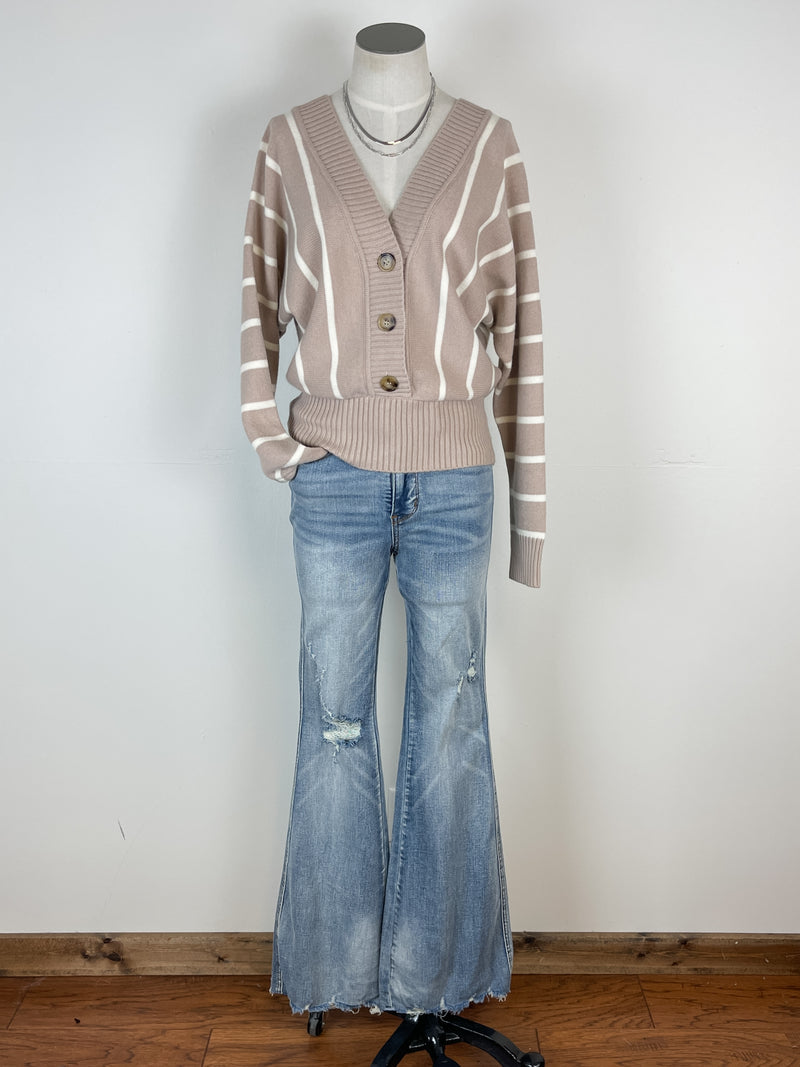 Cassandra Striped Lace Up Back Sweater in Taupe