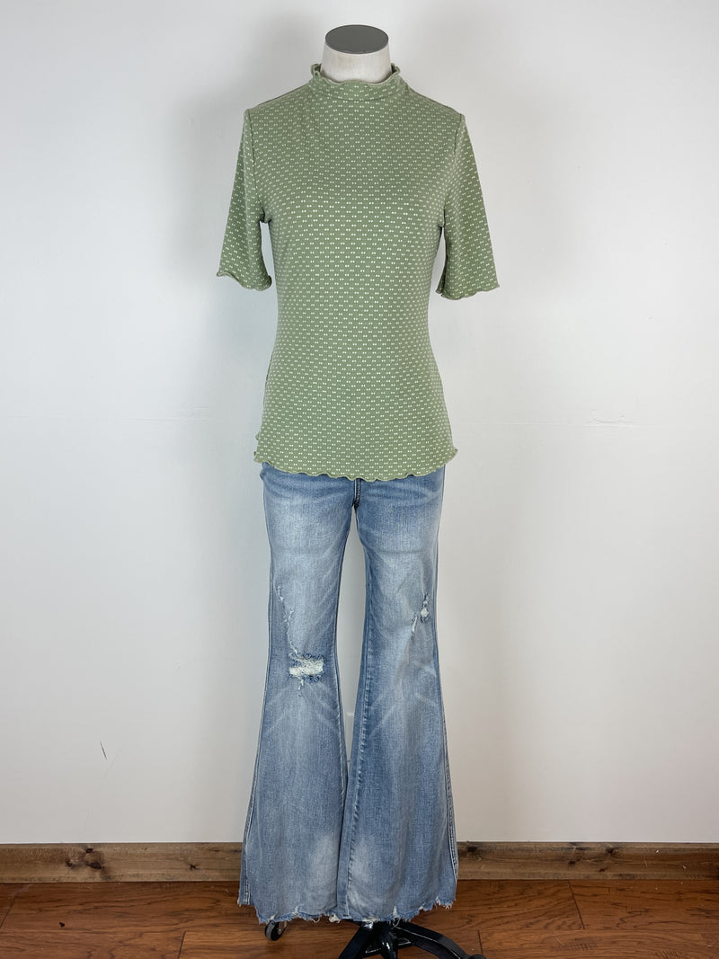 Amara Textured Mock Neck Short Sleeve in Light Olive