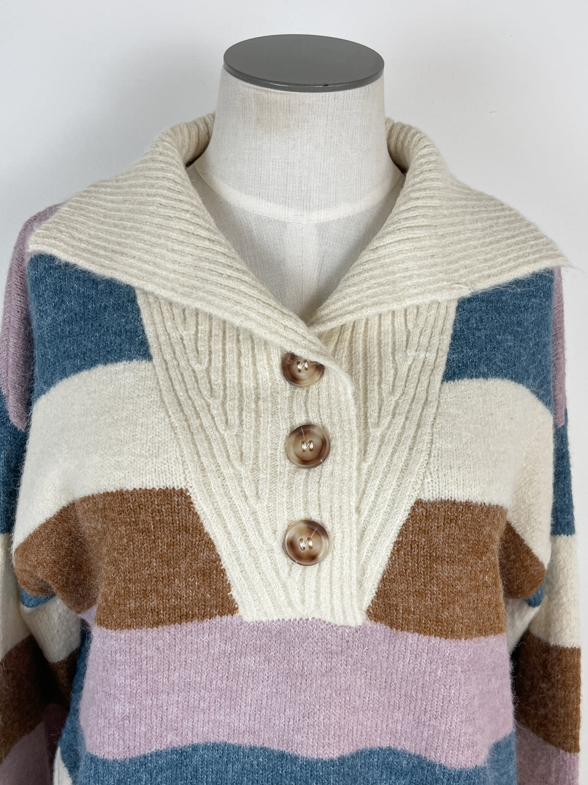 Diana Striped Button Pullover in Ivory/Denim Mix