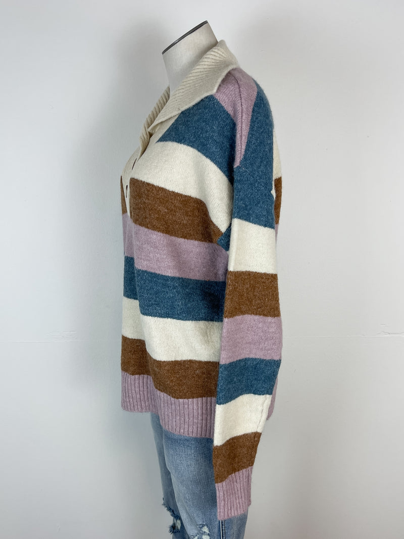 Diana Striped Button Pullover in Ivory/Denim Mix