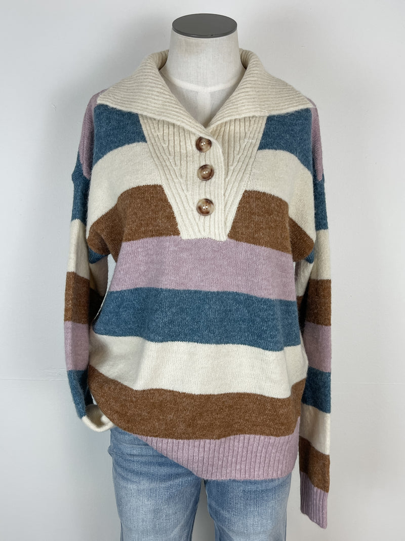 Diana Striped Button Pullover in Ivory/Denim Mix