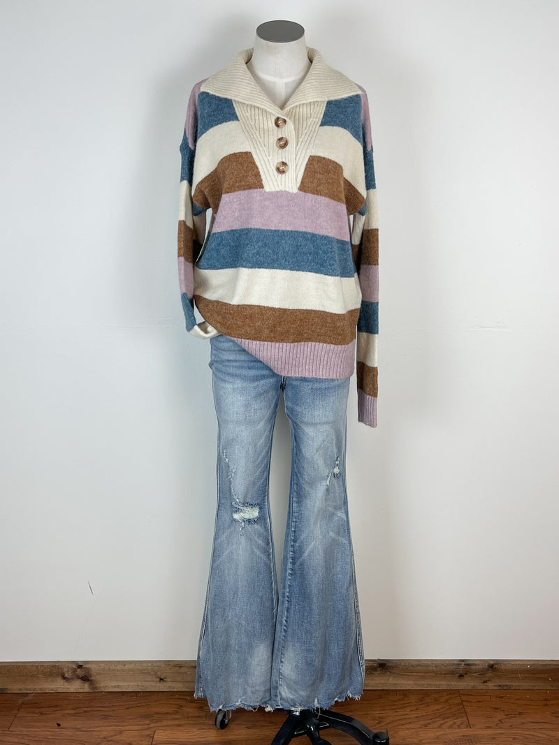 Diana Striped Button Pullover in Ivory/Denim Mix