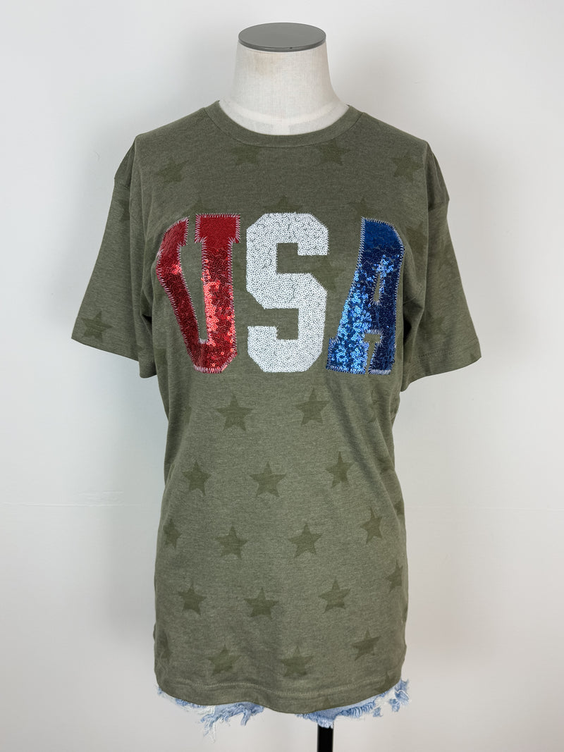 Sequin USA Tee in Army Green