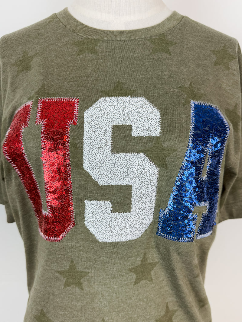 Sequin USA Tee in Army Green