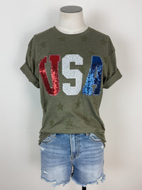 Sequin USA Tee in Army Green