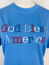 God Bless America Embroidered Tee in Blue