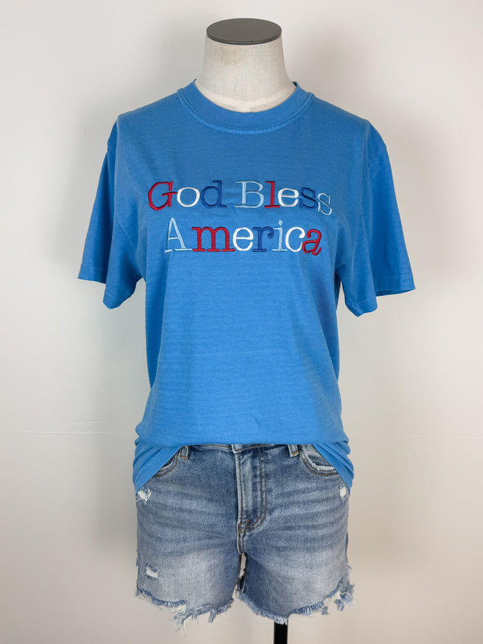 God Bless America Embroidered Tee in Blue