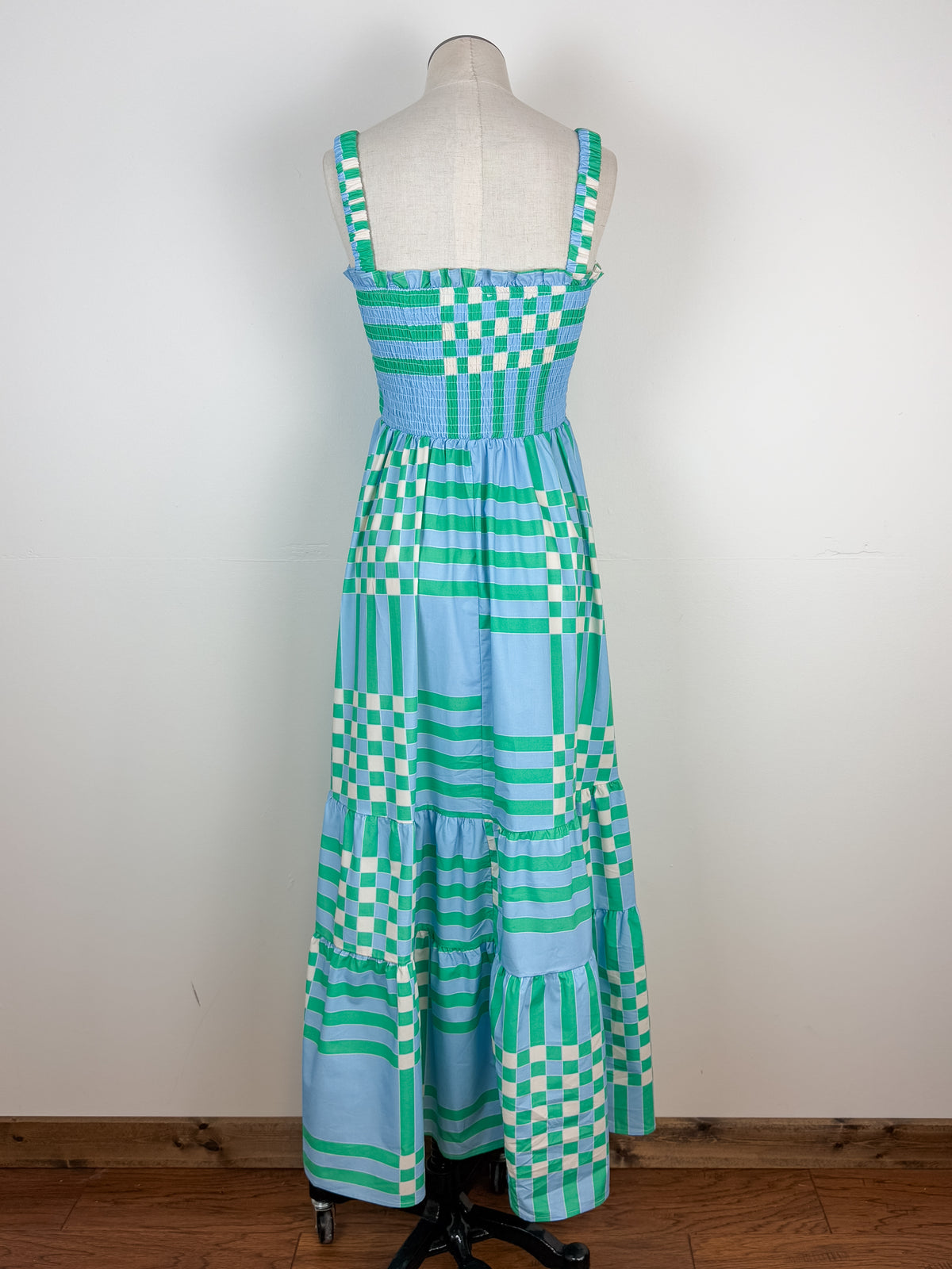Finley Plaid Tiered Maxi Dress in Green/Blue