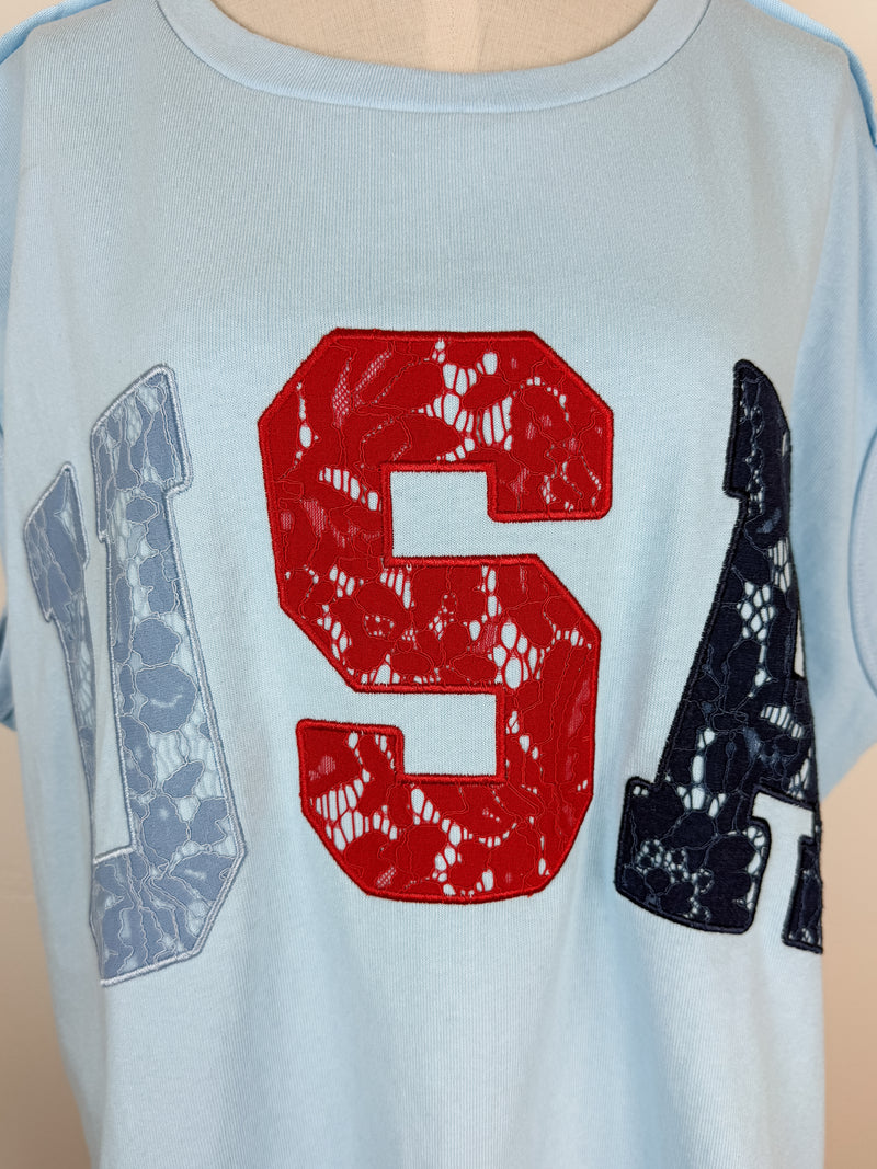 Nora Lace USA Oversized Tee in Light Blue