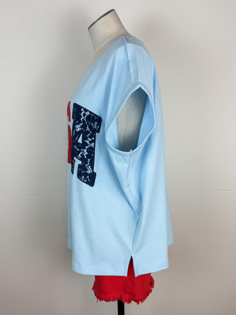 Nora Lace USA Oversized Tee in Light Blue