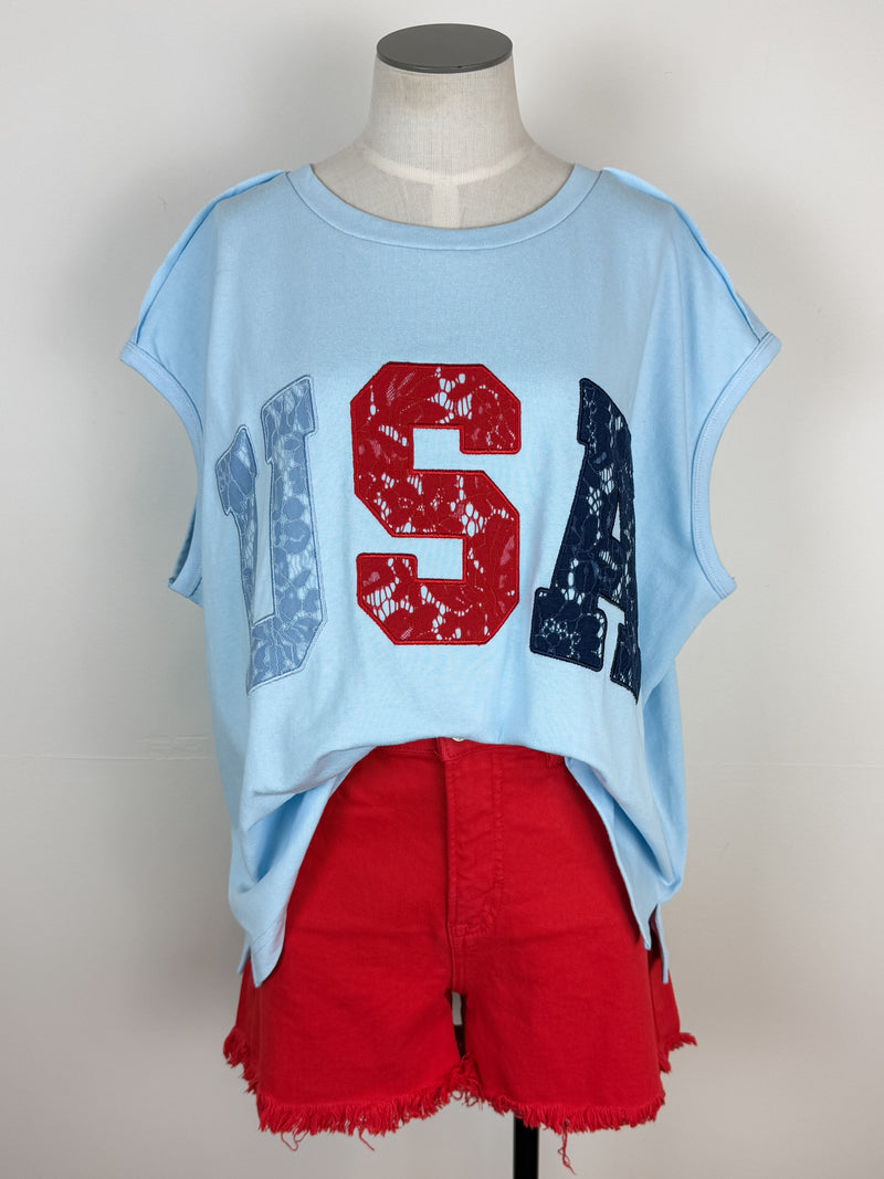 Nora Lace USA Oversized Tee in Light Blue