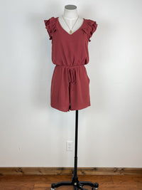 V Neck Ruffle Sleeve Romper in Brick