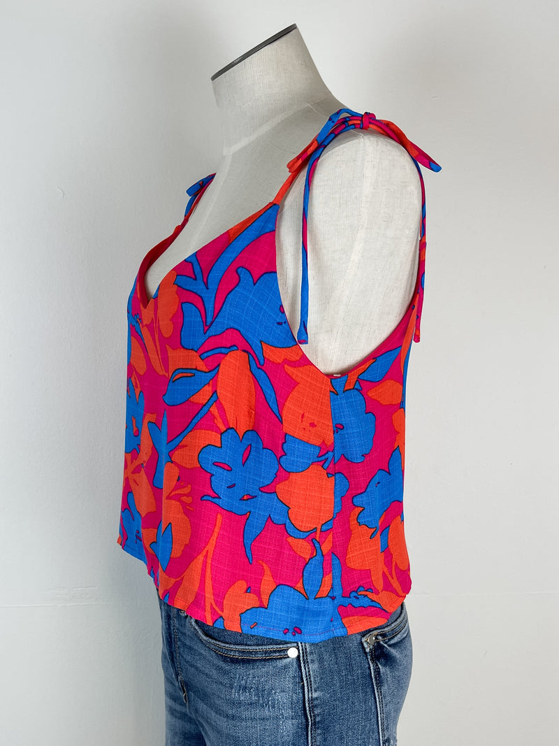 Abstract Print V Neck Crop Tank in Fuchsia/Blue Floral