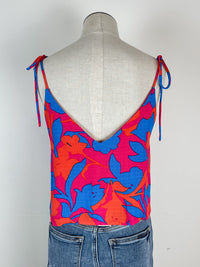 Abstract Print V Neck Crop Tank in Fuchsia/Blue Floral