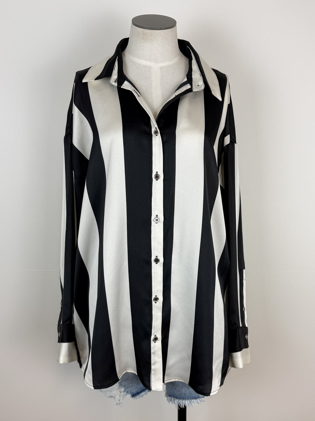 Claire Striped Satin Blouse in Ivory/Black