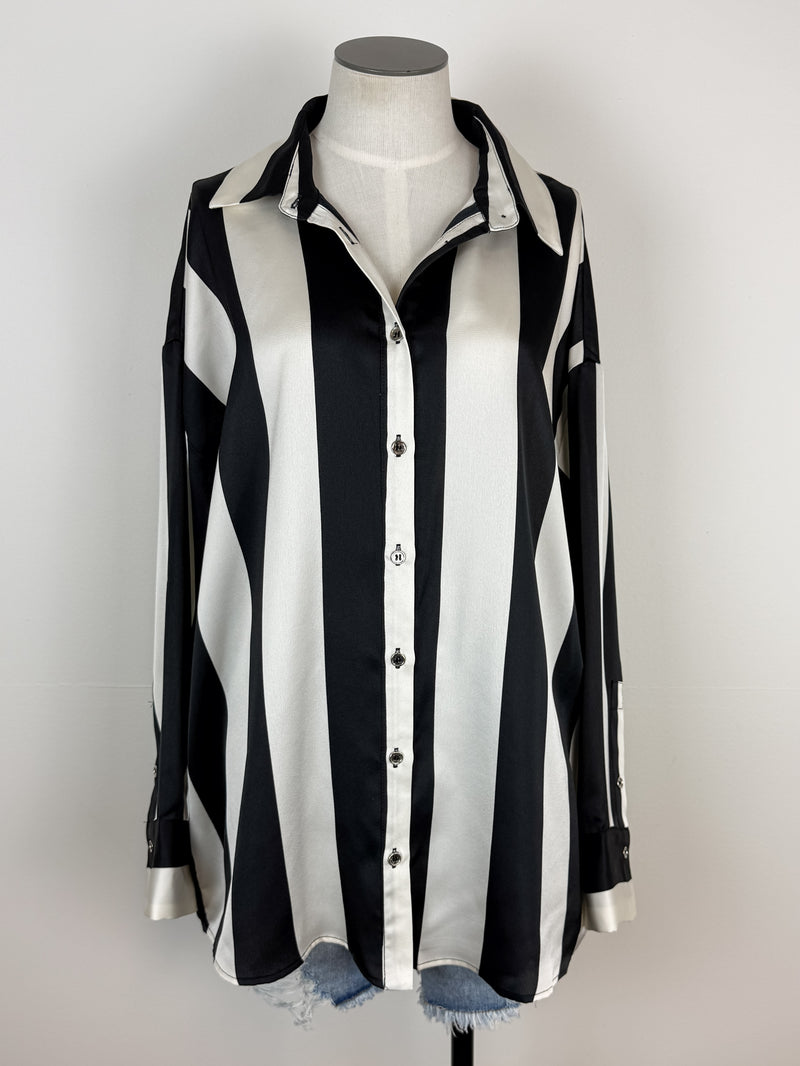Claire Striped Satin Blouse in Ivory/Black