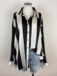 Claire Striped Satin Blouse in Ivory/Black