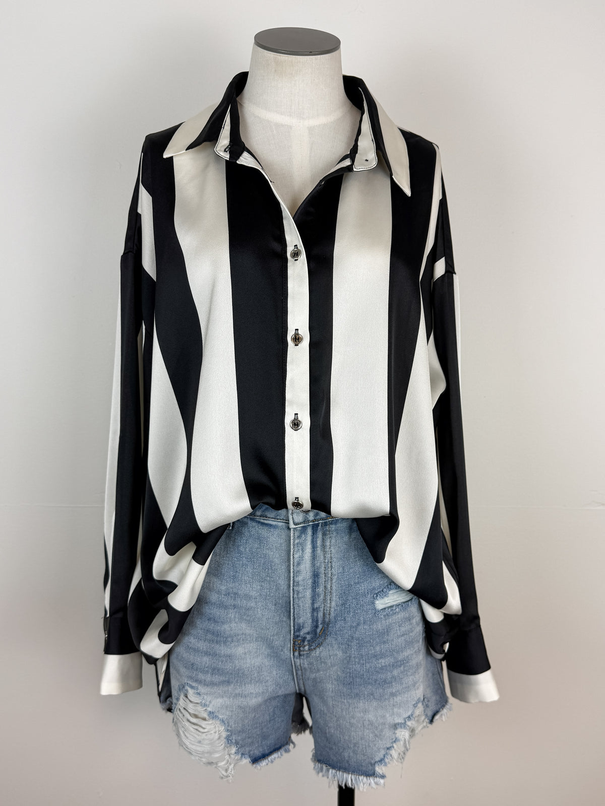 Claire Striped Satin Blouse in Ivory/Black