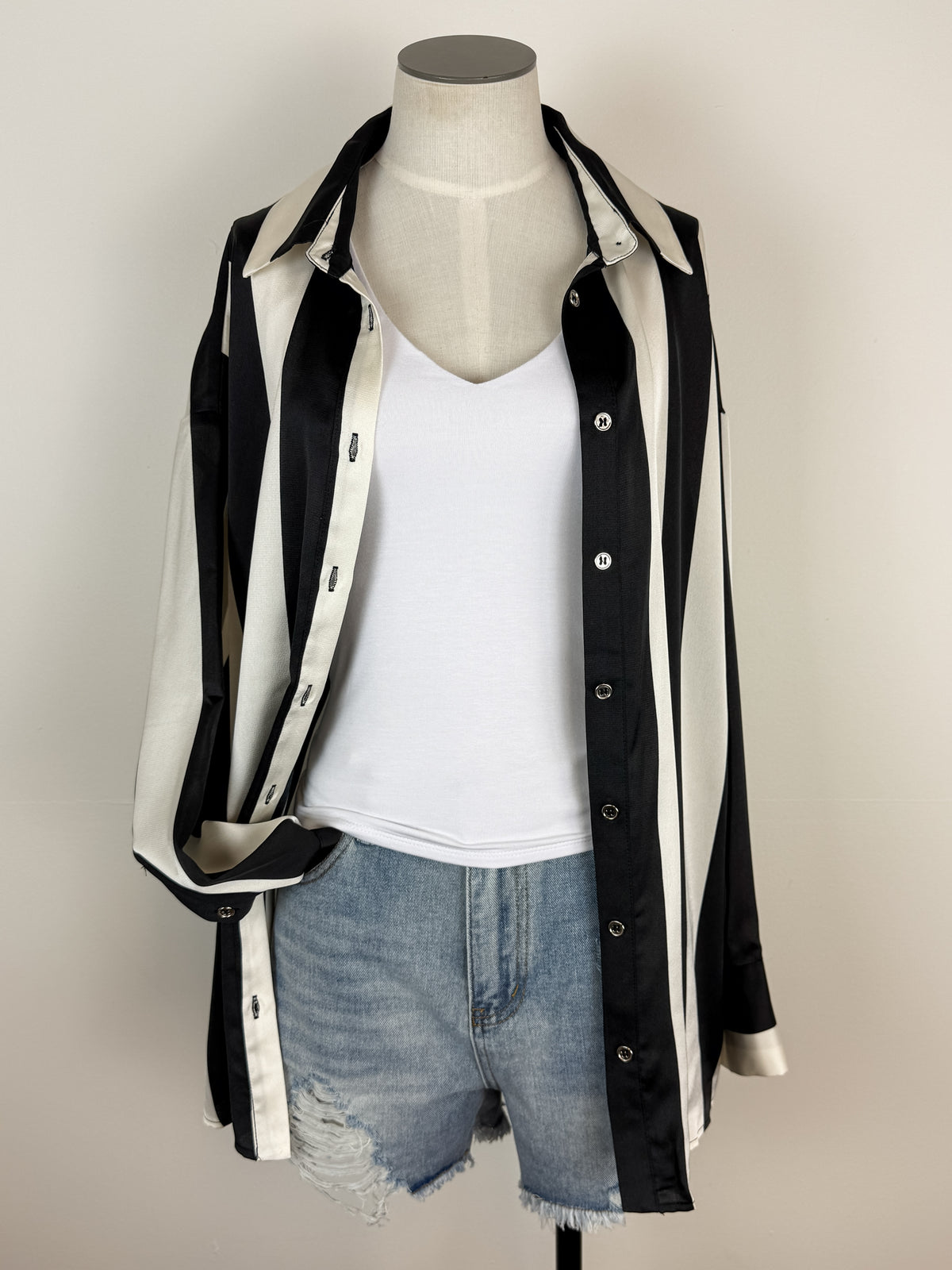 Claire Striped Satin Blouse in Ivory/Black