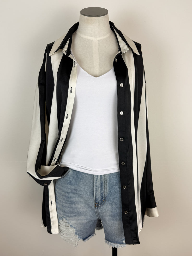 Claire Striped Satin Blouse in Ivory/Black