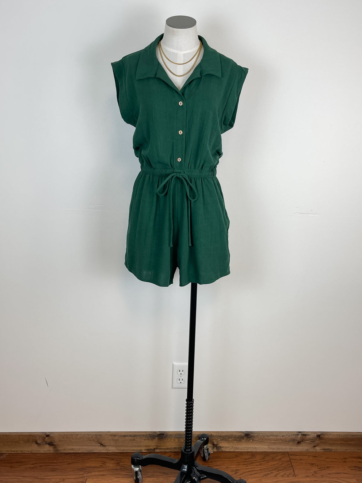 Collared Button Down Romper in Dark Green