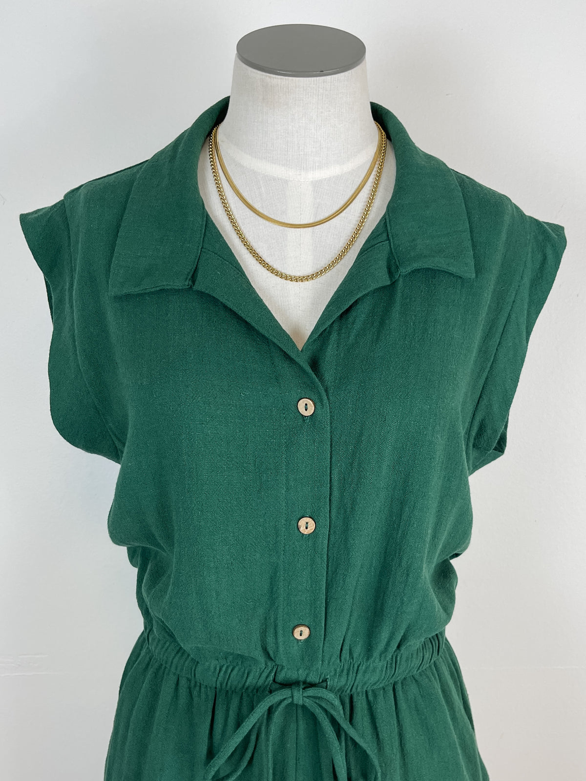 Collared Button Down Romper in Dark Green